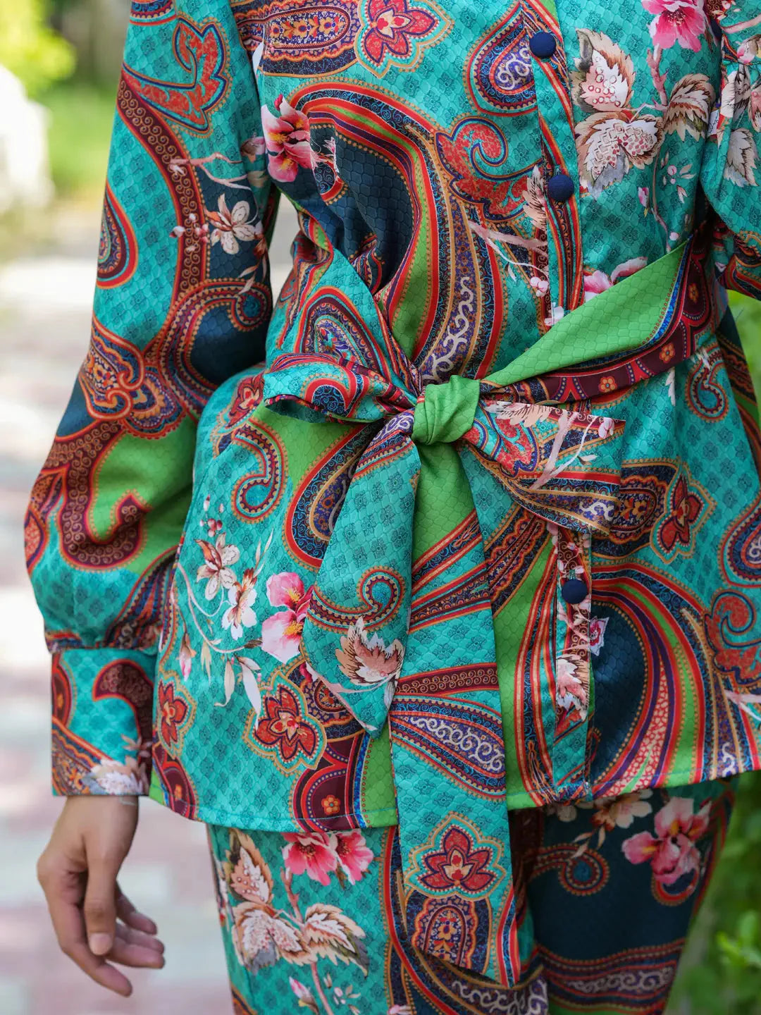 Yufta Green and Turquoise Blue Printed Satin Co-Ords