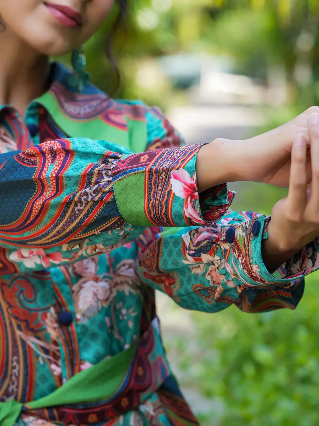 Yufta Green and Turquoise Blue Printed Satin Co-Ords