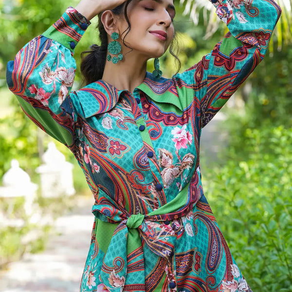 Yufta Green and Turquoise Blue Printed Satin Co-Ords - Distacart