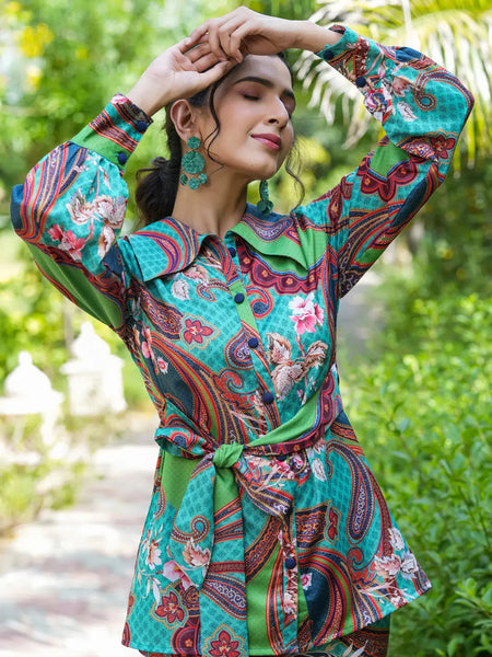 Yufta Green and Turquoise Blue Printed Satin Co-Ords