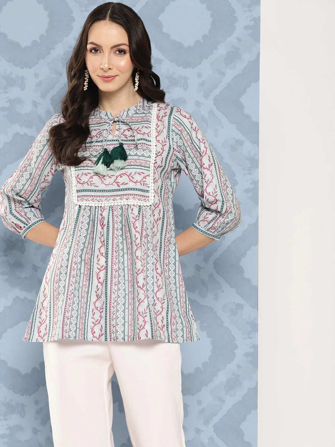 Yufta Green and pink Print Mandarin Collar Ethnic Linen Top - Distacart