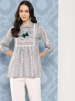 Thumbnail for Yufta Green and pink Print Mandarin Collar Ethnic Linen Top