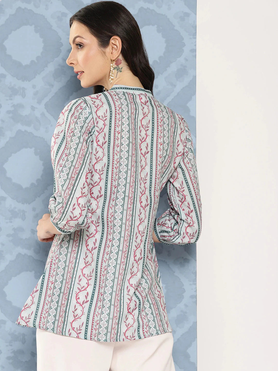 Yufta Green and pink Print Mandarin Collar Ethnic Linen Top