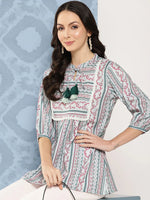 Thumbnail for Yufta Green and pink Print Mandarin Collar Ethnic Linen Top