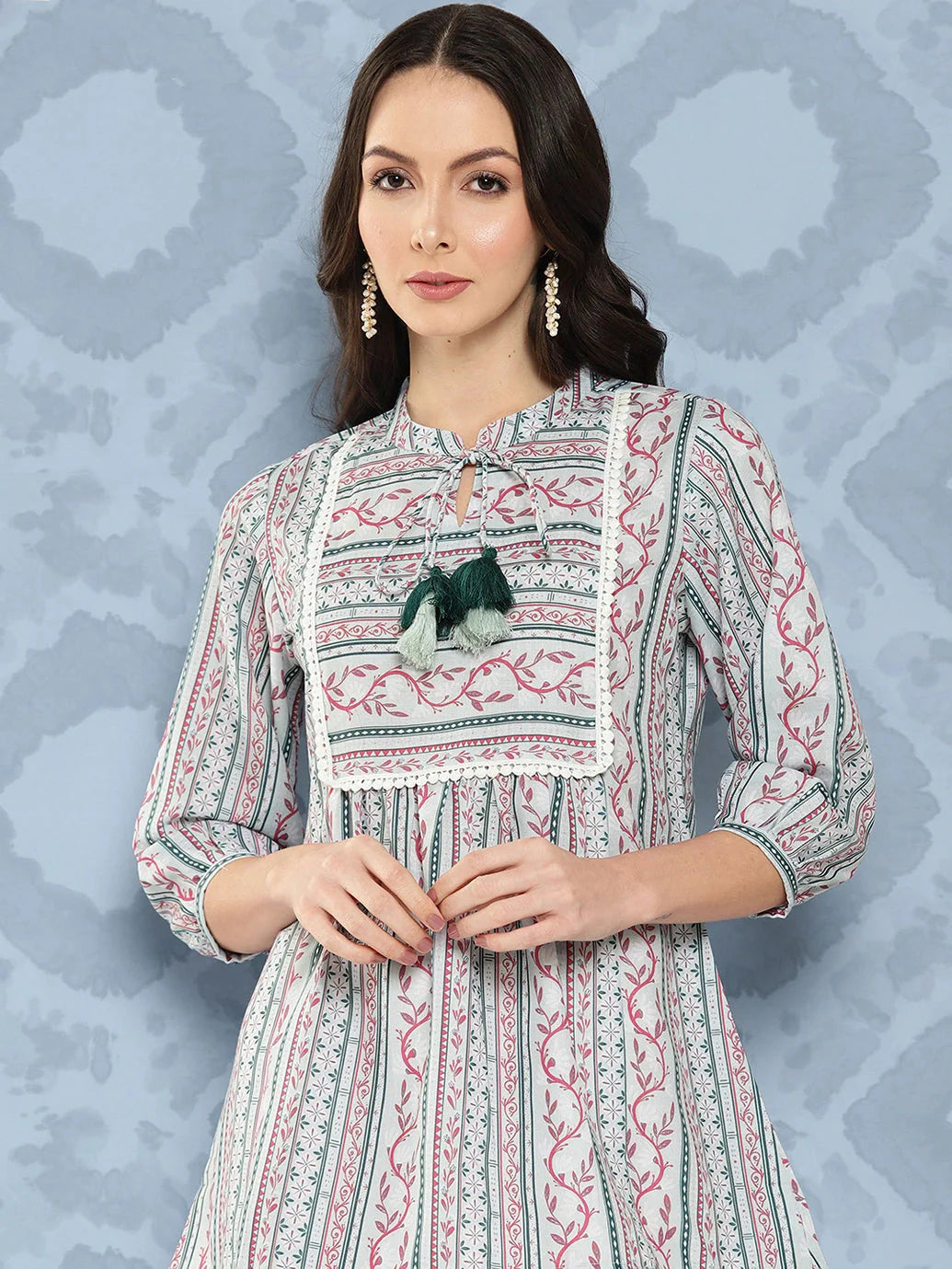 Yufta Green and pink Print Mandarin Collar Ethnic Linen Top