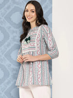 Thumbnail for Yufta Green and pink Print Mandarin Collar Ethnic Linen Top