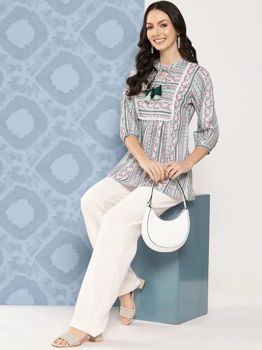 Yufta Green and pink Print Mandarin Collar Ethnic Linen Top - Distacart