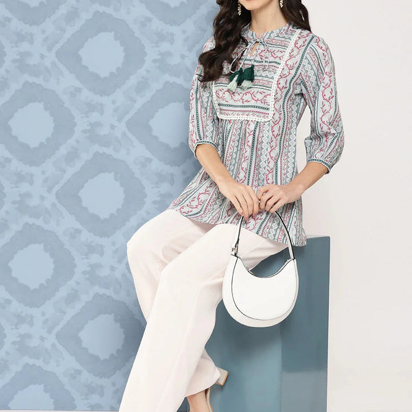 Yufta Green and pink Print Mandarin Collar Ethnic Linen Top - Distacart