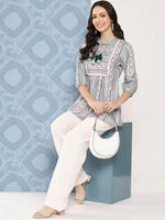 Thumbnail for Yufta Green and pink Print Mandarin Collar Ethnic Linen Top