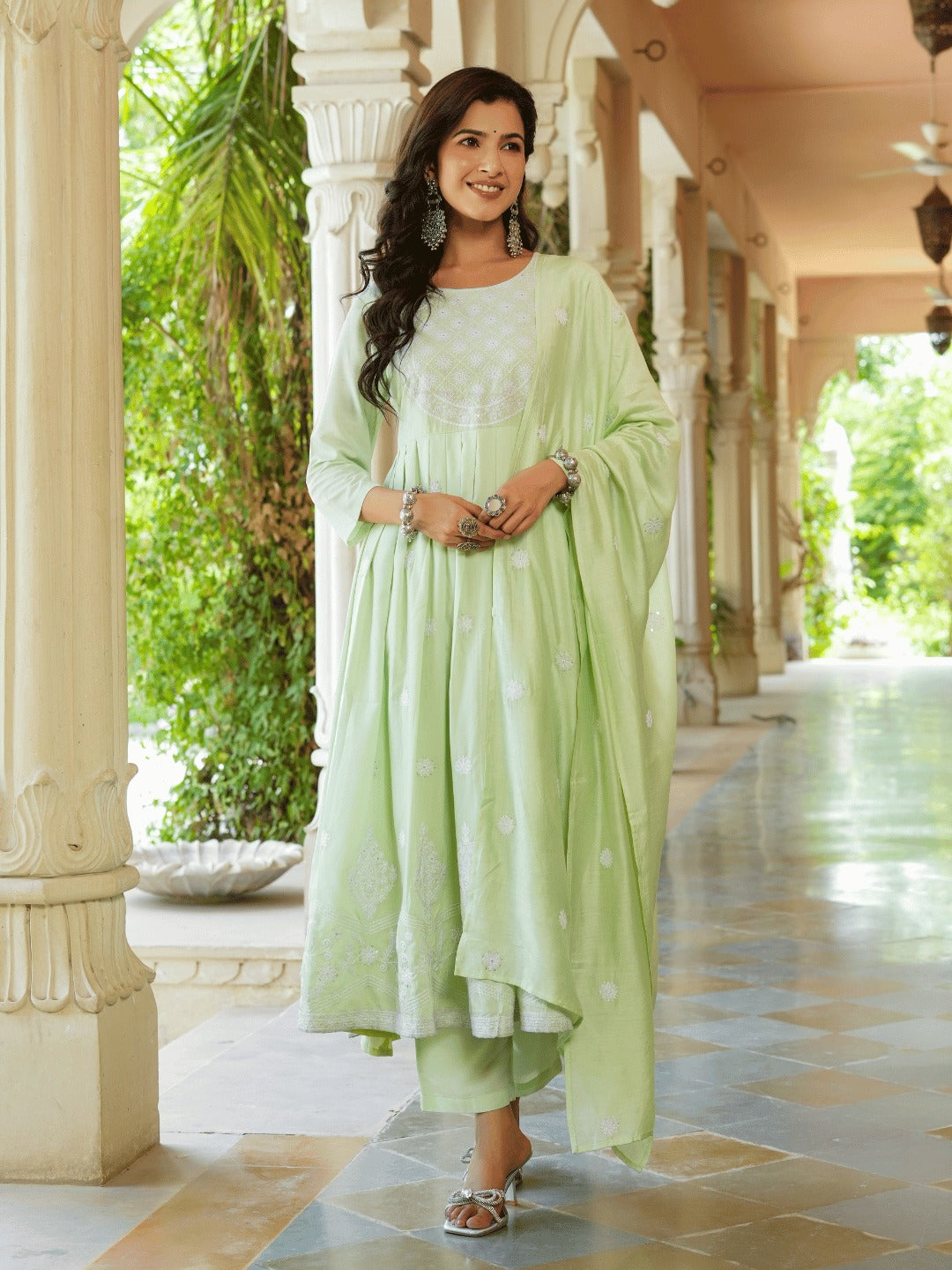 Yufta Green embroidered Fit and flare Kurta Trouser And Dupatta Set - Distacart