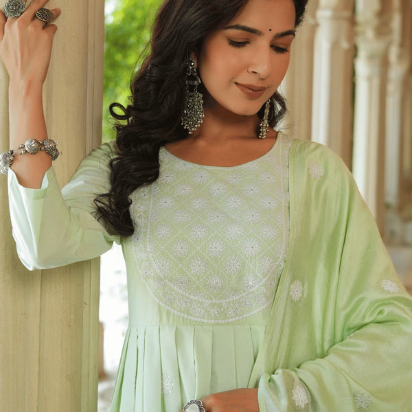 Yufta Green embroidered Fit and flare Kurta Trouser And Dupatta Set - Distacart