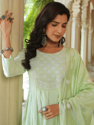 Yufta Green embroidered Fit and flare Kurta Trouser And Dupatta Set - Distacart