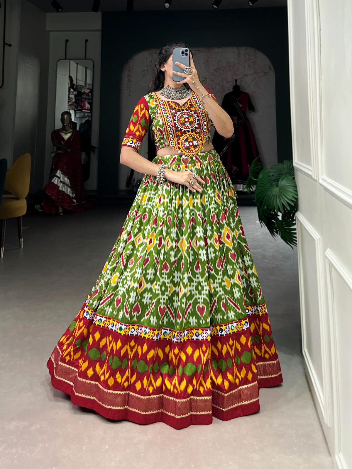 Lorenvalley Green Tussar Silk Patola Print With Foil Work And Original Mirror Gamthi Lace Lehenga Choli with Dupatta - Distacart