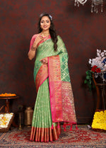 Thumbnail for Lorenvalley Fashion Green Organza Silk Woven Design with Rich Meenakari Weaving Pallu Saree - Distacart