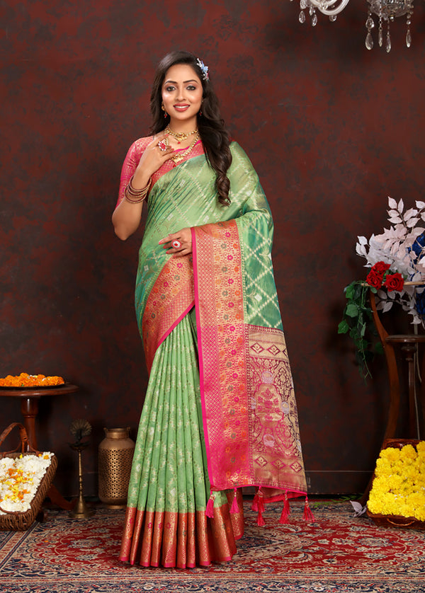 Lorenvalley Fashion Green Organza Silk Woven Design with Rich Meenakari Weaving Pallu Saree - Distacart