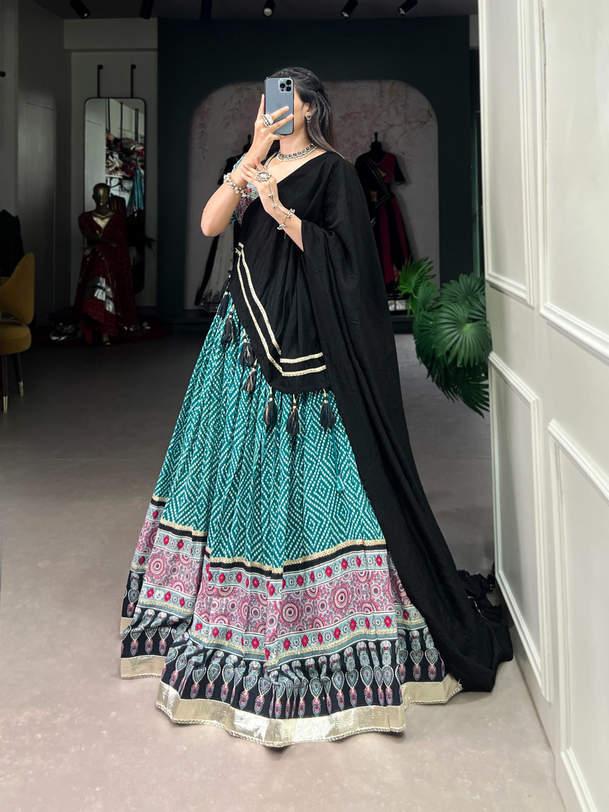 Lorenvalley Green Rayon with Bandhej And Ajarakh Print With Embossed Design Gota Lace Touch up Lehenga Choli - Distacart