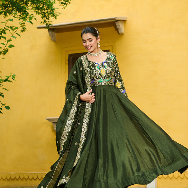 Lorenvalley Fashion Green Vichitra Silk with Multi Thread & Embroidered work Anarkali Gown with Dupatta