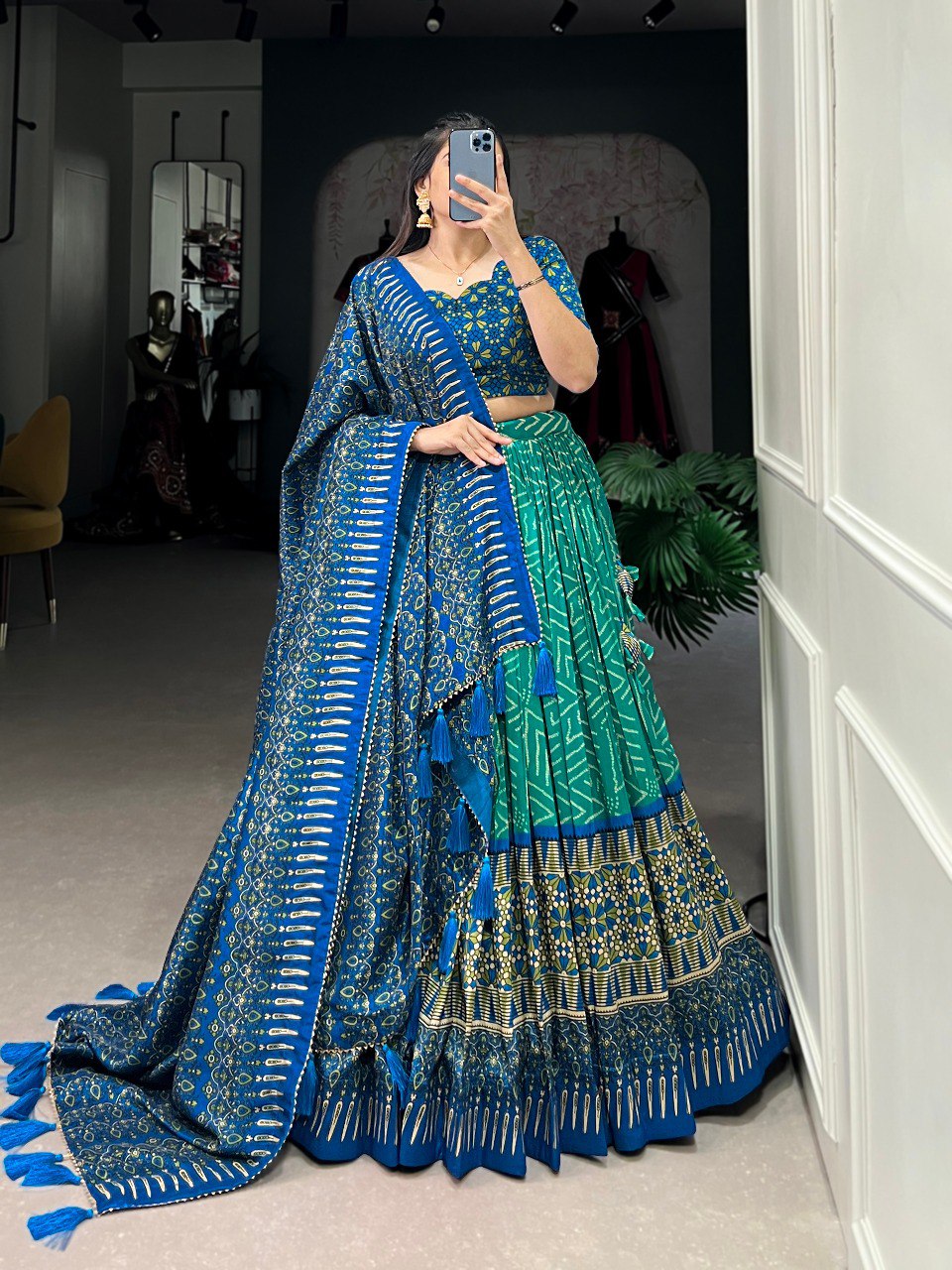 Lorenvalley Green Tussar Silk Bandhej And Ajarakh Print Lehenga Choli with Dupatta - Distacart
