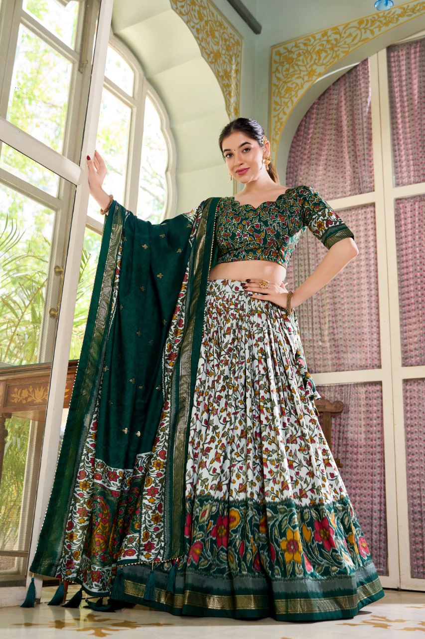 Lorenvalley Green Tussar Silk Floral Print with Foil Print Lehenga Choli with Dupatta - Distacart
