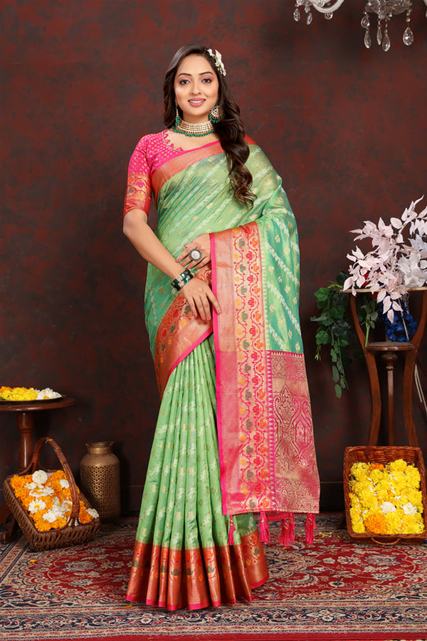 Lorenvalley Fashion Green Organza Silk Woven Design with Rich Meenakari Weaving Pallu Saree - Distacart