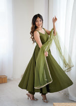 Thumbnail for Lorenvalley Fashion Green Pure Romansilk Chanderi Fabric Yoke Fancy Lace Work Anarkali Kurta Pant With Dupatta Set