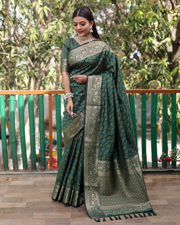Lorenvalley Premium Bandhej Patola Silk Sarees with kanchi Borders and Contrast Zari Weaving borders Saree - Green - Distacart