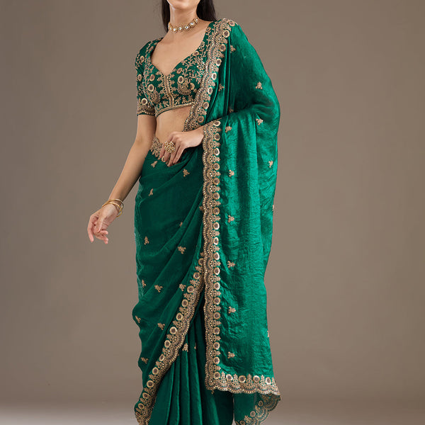 Lorenvalley Fashion Green Fendy Satin with Embroidery Double Sequence Work Saree with Blouse - Distacart