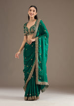 Thumbnail for Lorenvalley Fashion Green Fendy Satin with Embroidery Double Sequence Work Saree with Blouse