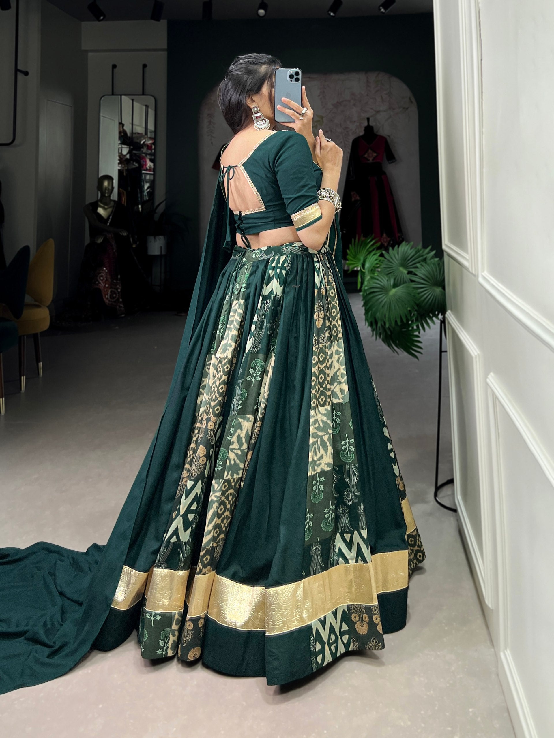 Lorenvalley Rayon and Tussar Silk Green Plain And Printed With Embossed Design Gota Lace Lehenga Choli with Dupatta - Distacart