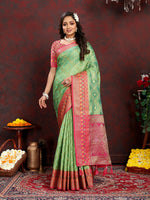 Thumbnail for Lorenvalley Fashion Green Organza Silk Woven Design with Rich Meenakari Weaving Pallu Saree - Distacart