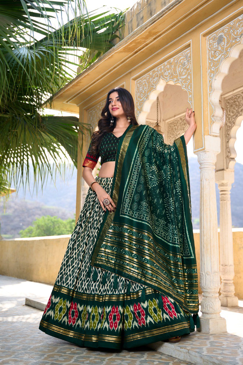 Lorenvalley Green Tussar Silk Ikkat Print With Foil Work Lehenga Choli with Dupatta - Distacart