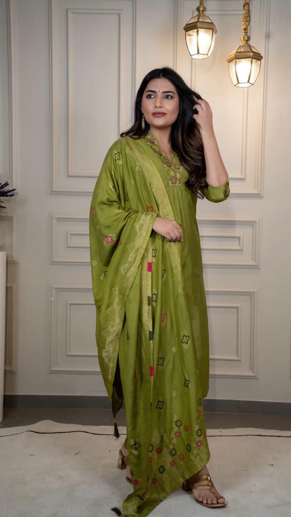 Lorenvalley Fashion Green Roman Silk Embroidery Sequence Work Kurta Pant with Dupatta