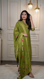 Thumbnail for Lorenvalley Fashion Green Roman Silk Embroidery Sequence Work Kurta Pant with Dupatta