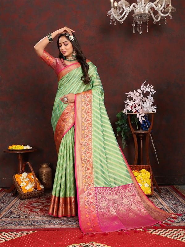 Lorenvalley Fashion Green Organza Silk Woven Design with Rich Meenakari Weaving Pallu Saree - Distacart