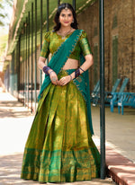 Thumbnail for Lorenvalley Green Kanjivaram Silk Zari Weaving Lehenga Choli with Dupatta - Distacart