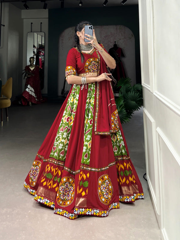 Lorenvalley Green Rayon and Printed Silk with Plain And Printed With Original Mirror Gamthi Work And Gamthi Patch Work Lehenga Choli - Distacart