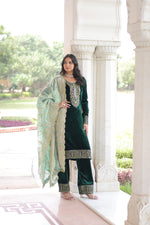 Thumbnail for Lorenvalley Fashion Green Velvet with Rich Sequins & Zari Embroidered work Kurta Pant with Dupatta