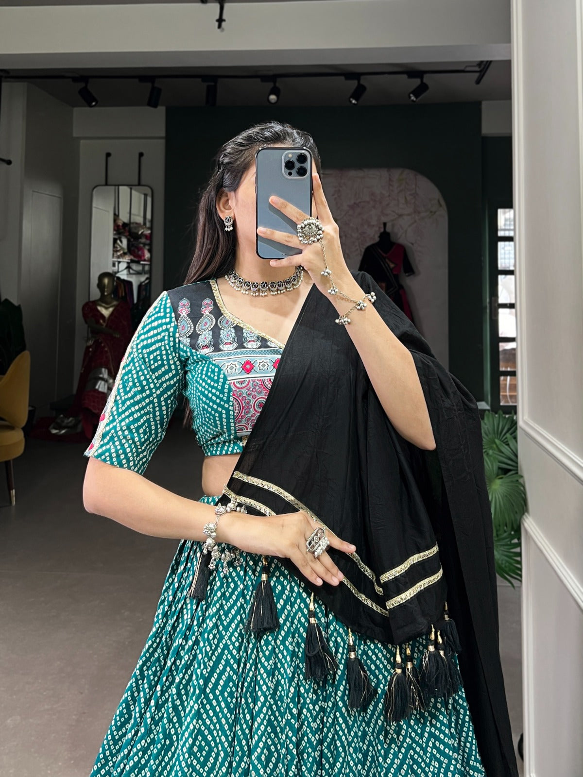 Lorenvalley Green Rayon with Bandhej And Ajarakh Print With Embossed Design Gota Lace Touch up Lehenga Choli - Distacart