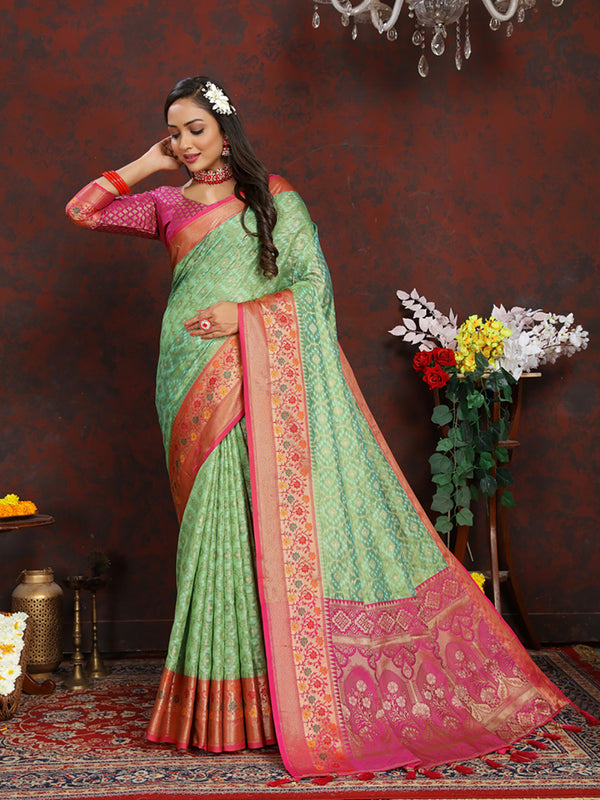 Lorenvalley Fashion Green Organza Silk Woven Design with Rich Meenakari Weaving Pallu Saree - Distacart