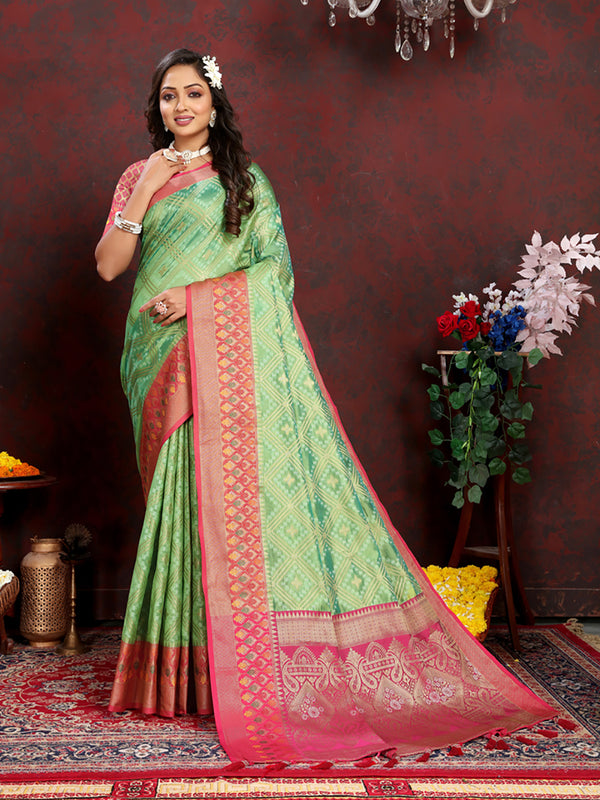 Lorenvalley Fashion Green Organza Silk Woven Design with Rich Meenakari Weaving Pallu Saree - Distacart