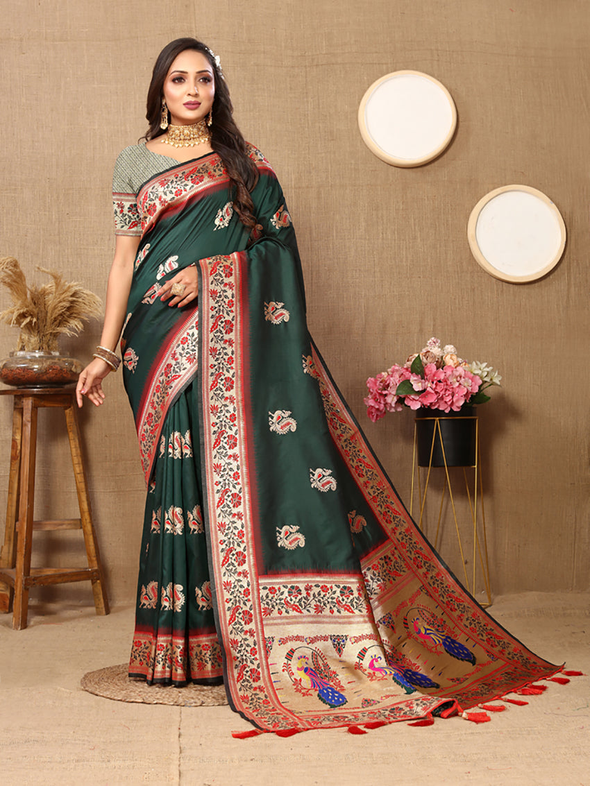 Lorenvalley Fashion Green Soft Paithani Silk Woven Design Rich Meenakari Zari Weaving Pallu Saree - Distacart