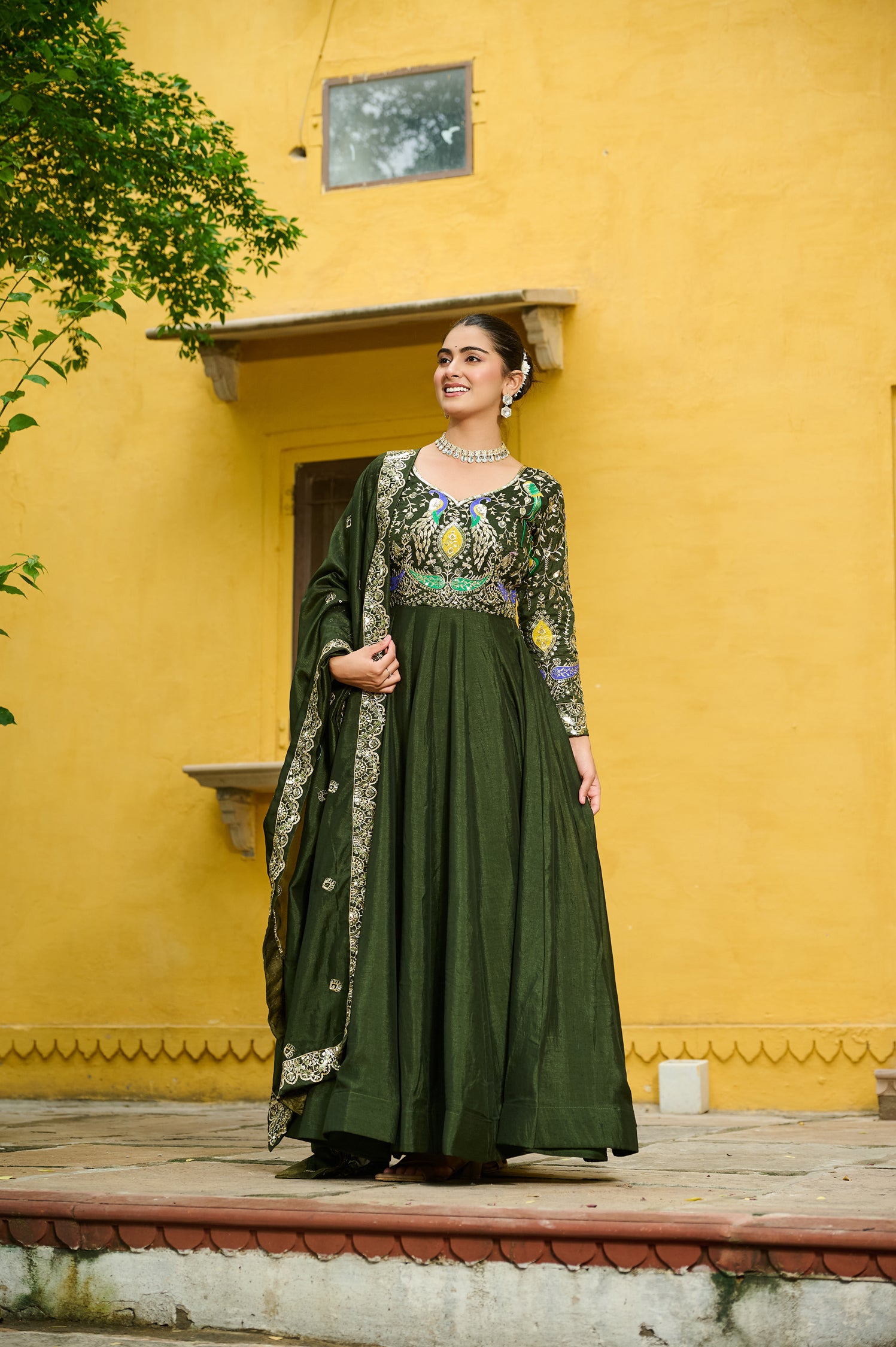 Lorenvalley Fashion Green Vichitra Silk with Multi Thread & Embroidered work Anarkali Gown with Dupatta
