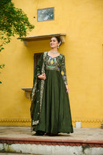 Thumbnail for Lorenvalley Fashion Green Vichitra Silk with Multi Thread & Embroidered work Anarkali Gown with Dupatta