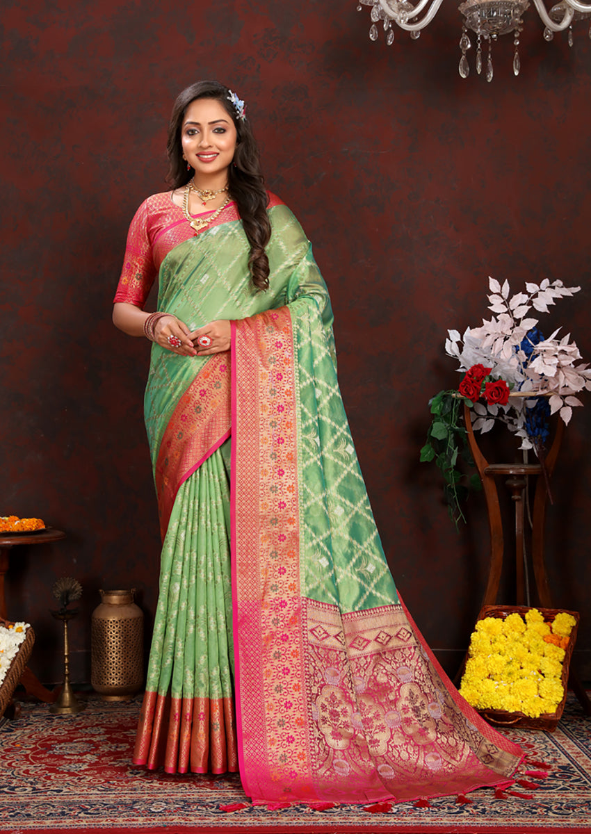 Lorenvalley Fashion Green Organza Silk Woven Design with Rich Meenakari Weaving Pallu Saree - Distacart
