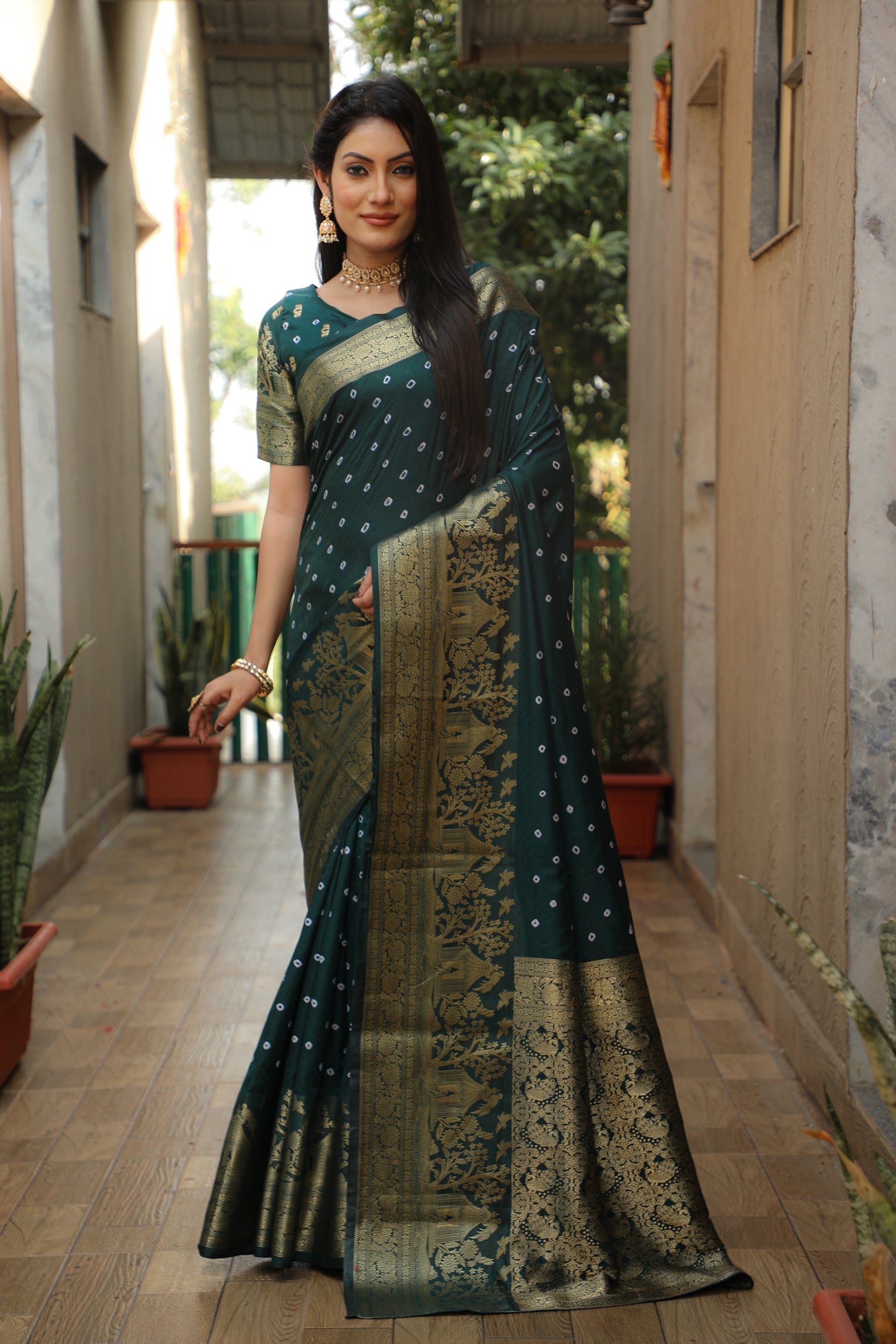 Lorenvalley Premium Pure Handmade Bandhej Kanjivaram silk saree with Zari Weaving Rich Pallu saree - Green - Distacart