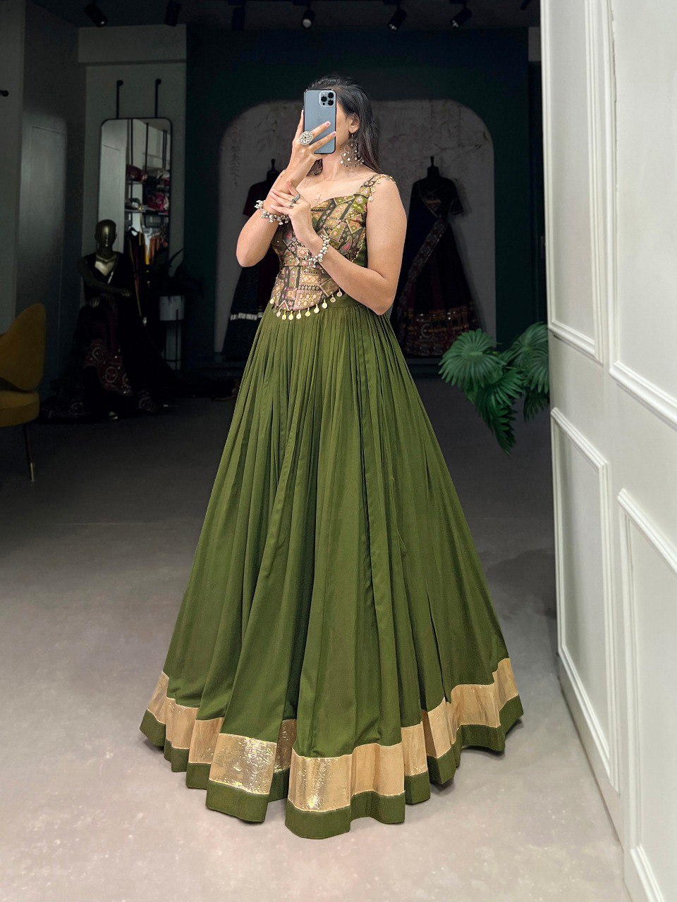 Lorenvalley Green Pure Rayon Plain With Embossed Design Lace Touch Up Lehenga Choli - Distacart