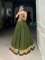 Thumbnail for Lorenvalley Green Pure Rayon Plain With Embossed Design Lace Touch Up Lehenga Choli - Distacart