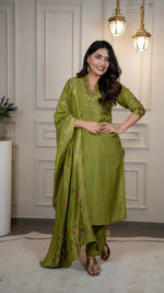 Thumbnail for Lorenvalley Fashion Green Roman Silk Embroidery Sequence Work Kurta Pant with Dupatta