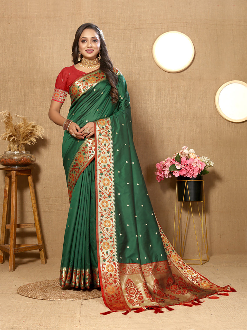 Lorenvalley Fashion Green Soft Paithani Silk Woven Design Rich Meenakari Zari Weaving Pallu Saree - Distacart