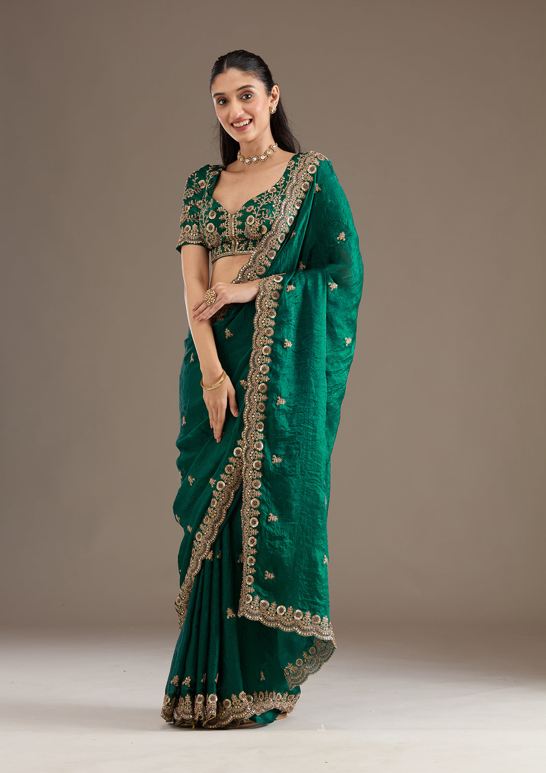 Lorenvalley Fashion Green Fendy Satin with Embroidery Double Sequence Work Saree with Blouse